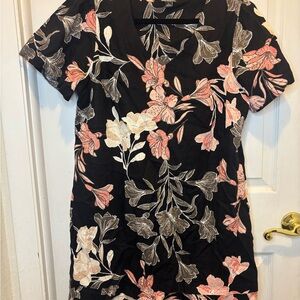 Nicole Miller Black Floral Linen/ Viscose Blend Midi Dress